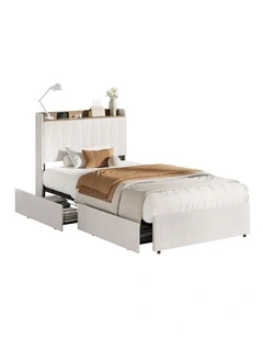 Oikiture Bed Frame King Single Size with 4 Drawers Charging Station USB Ports Beige