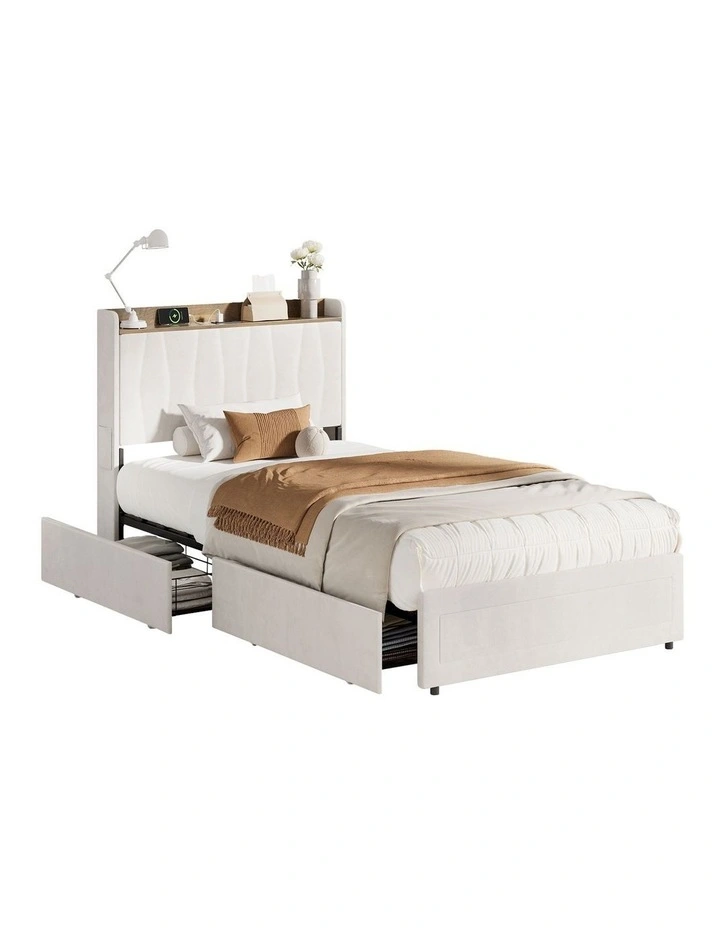 Oikiture Bed Frame King Single Size with 4 Drawers Charging Station USB Ports Beige image 1