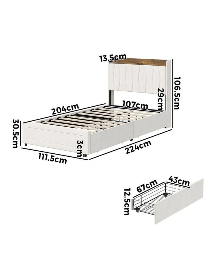 Oikiture Bed Frame King Single Size with 4 Drawers Charging Station USB Ports Beige image 3
