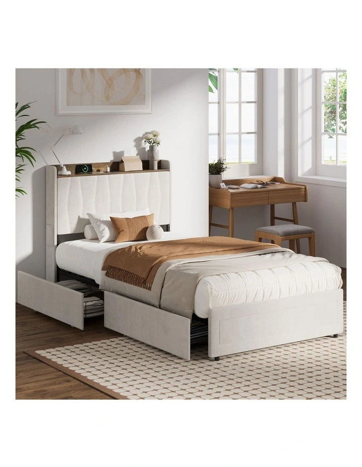 Oikiture Bed Frame King Single Size with 4 Drawers Charging Station USB Ports Beige image 4