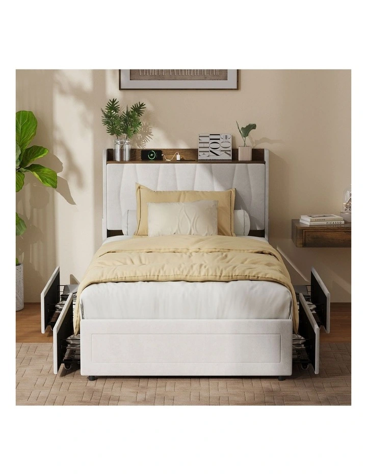 Oikiture Bed Frame King Single Size with 4 Drawers Charging Station USB Ports Beige image 5