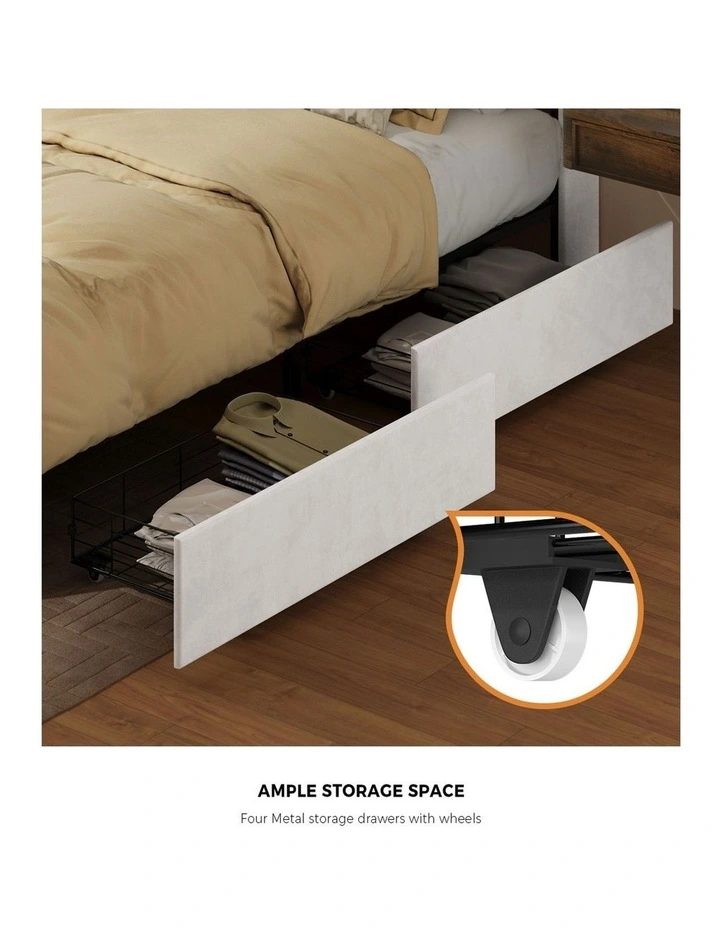 Oikiture Bed Frame King Single Size with 4 Drawers Charging Station USB Ports Beige image 7