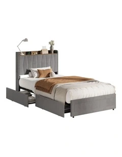 Oikiture Bed Frame King Single Size with 4 Drawers Charging Station USB Ports Grey