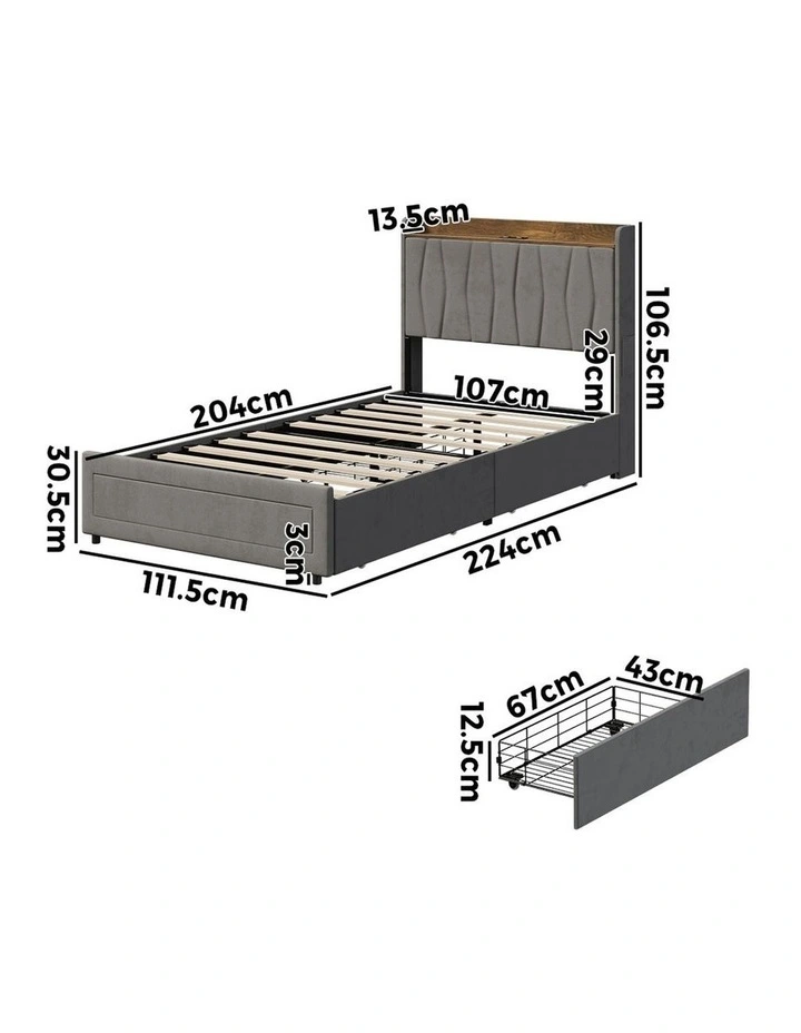 Oikiture Bed Frame King Single Size with 4 Drawers Charging Station USB Ports Grey image 3