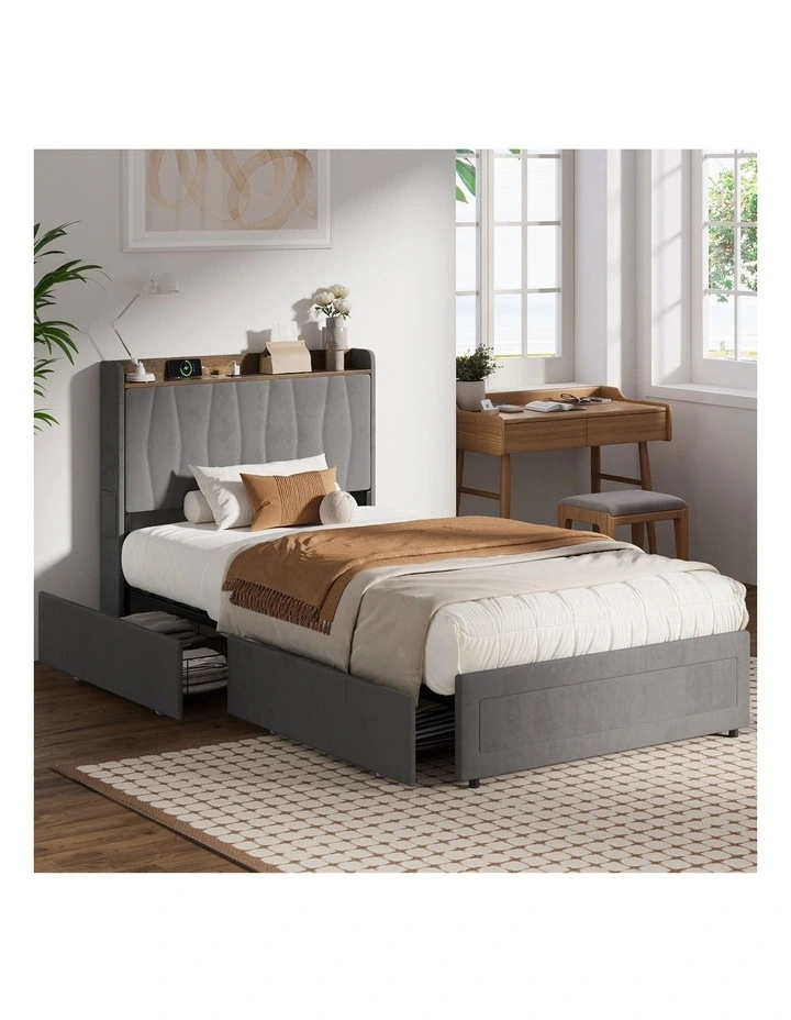 Oikiture Bed Frame King Single Size with 4 Drawers Charging Station USB Ports Grey image 4
