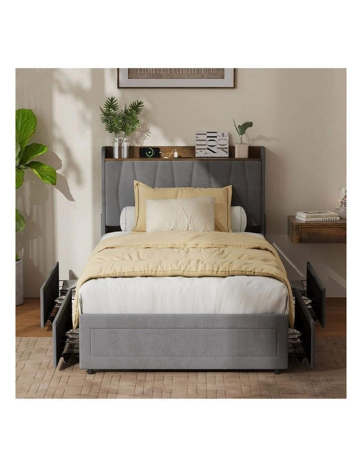 Oikiture Bed Frame King Single Size with 4 Drawers Charging Station USB Ports Grey image 5