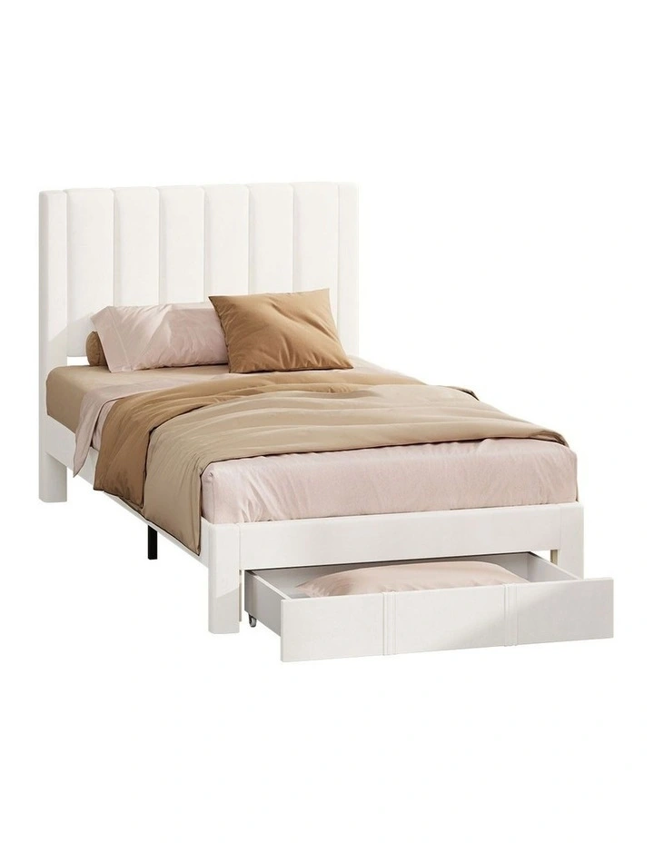 Oikiture Bed Frame King Single Size Headboard Platform Base with Drawer Beige image 1