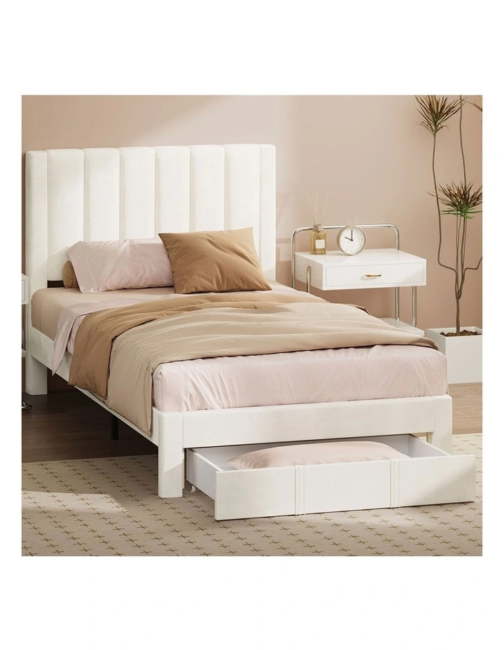 Oikiture Bed Frame King Single Size Headboard Platform Base with Drawer Beige image 4