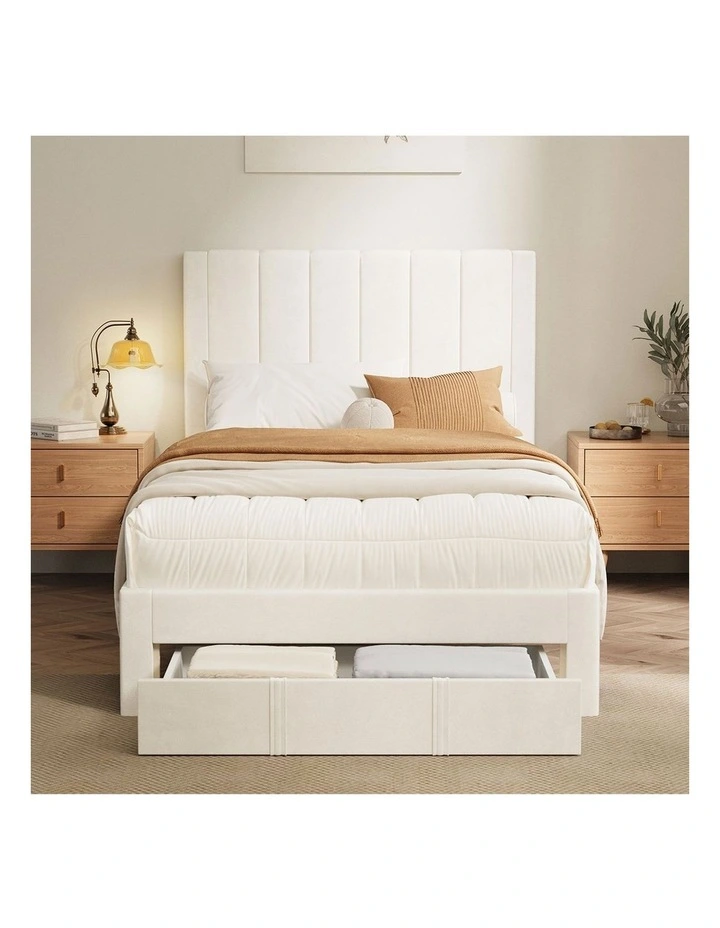 Oikiture Bed Frame King Single Size Headboard Platform Base with Drawer Beige image 5