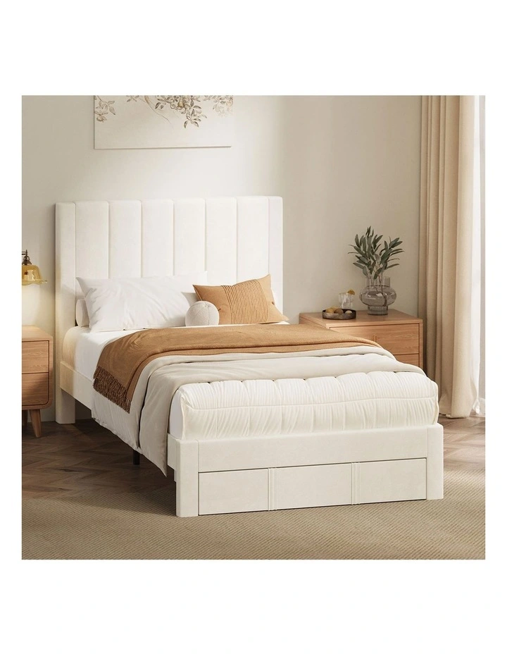Oikiture Bed Frame King Single Size Headboard Platform Base with Drawer Beige image 7