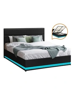 Oikiture RGB LED Bed Frame Double Size Gas Lift Base With Storage Black Leather