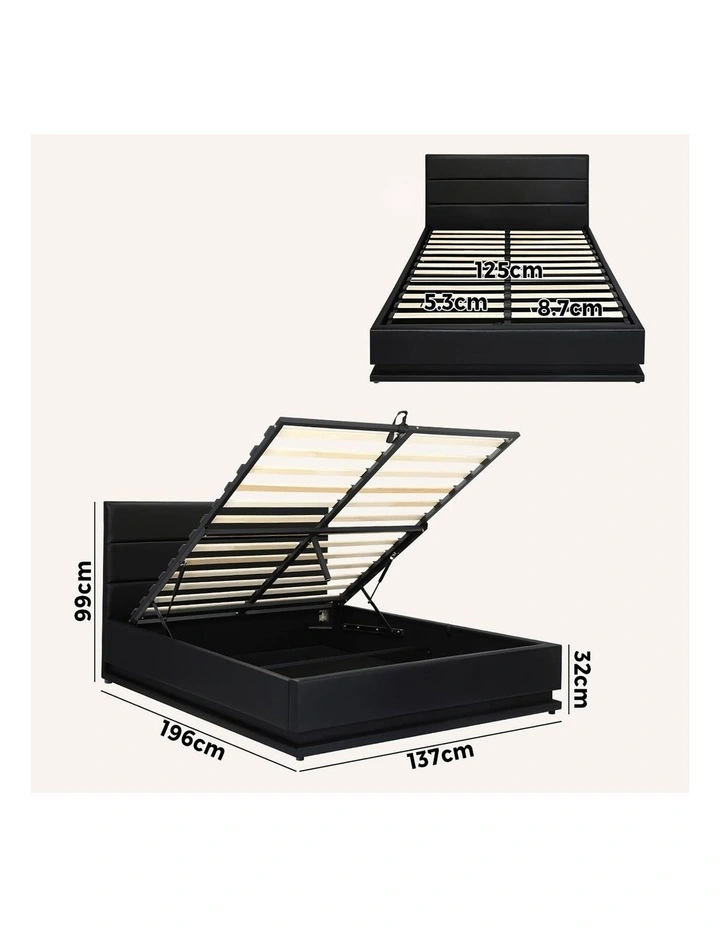 Oikiture RGB LED Bed Frame Double Size Gas Lift Base With Storage Black Leather image 3