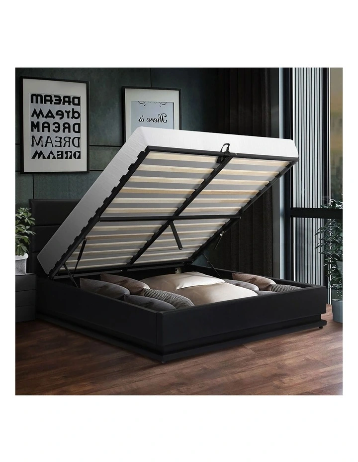 Oikiture RGB LED Bed Frame Double Size Gas Lift Base With Storage Black Leather image 5