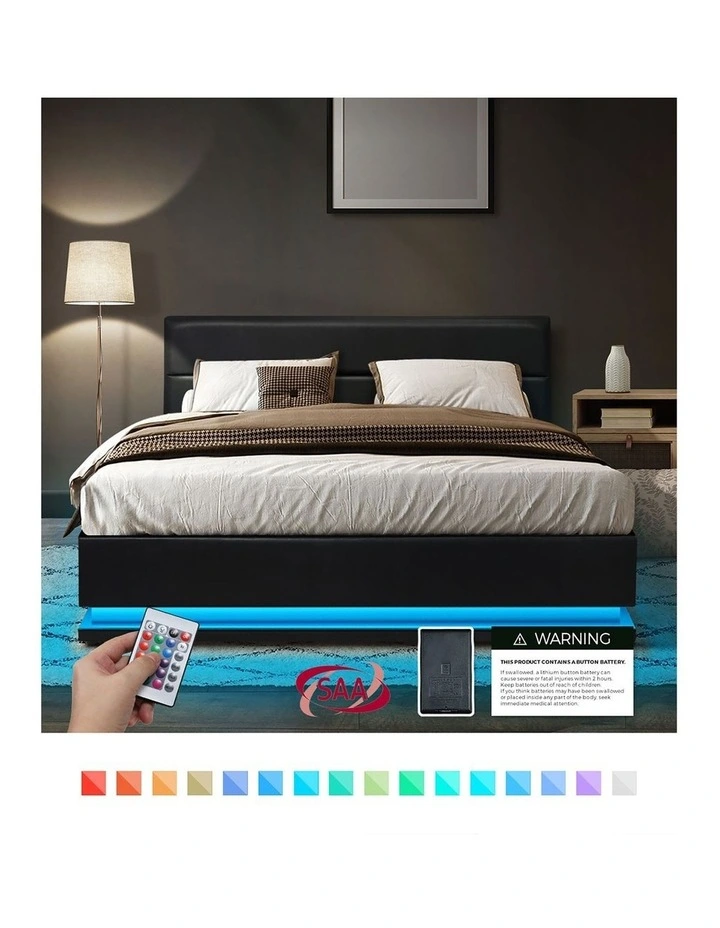 Oikiture RGB LED Bed Frame Double Size Gas Lift Base With Storage Black Leather image 6