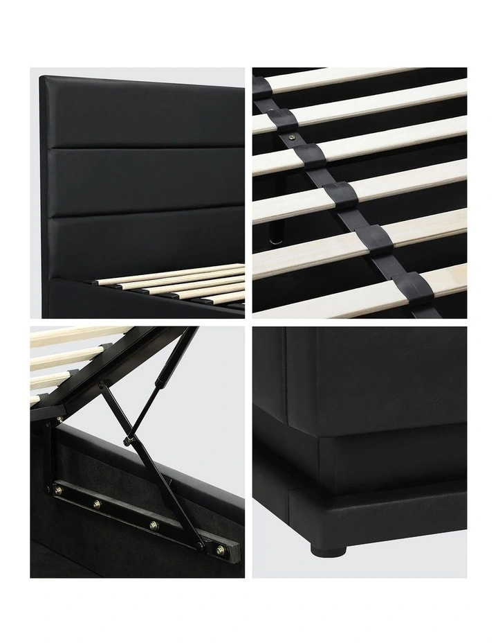 Oikiture RGB LED Bed Frame Double Size Gas Lift Base With Storage Black Leather image 7