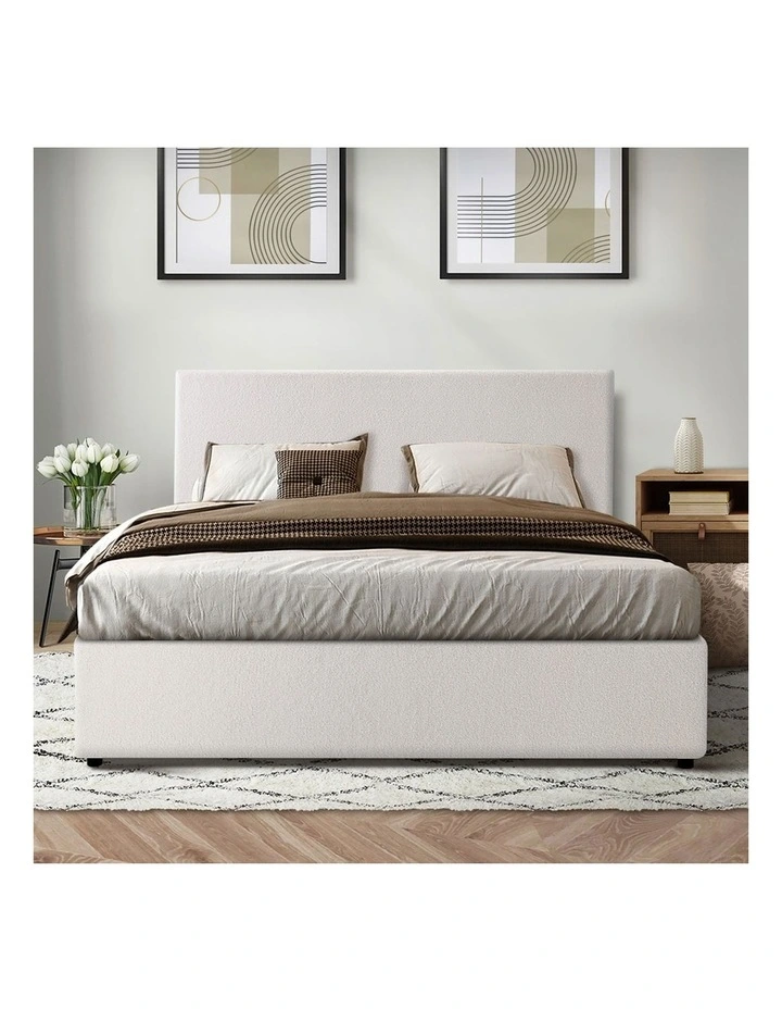 Oikiture Bed Frame King Size Gas Lift Base With Storage White Boucle image 6