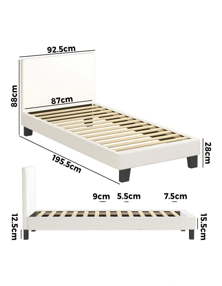 Oikiture Bed Frame Single Size Boucle Fabric Wooden Slats image 3
