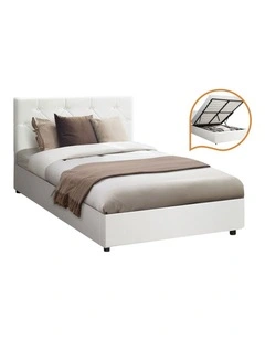 Oikiture Bed Frame King Single Gas Lift Storage Base White Leather COTI