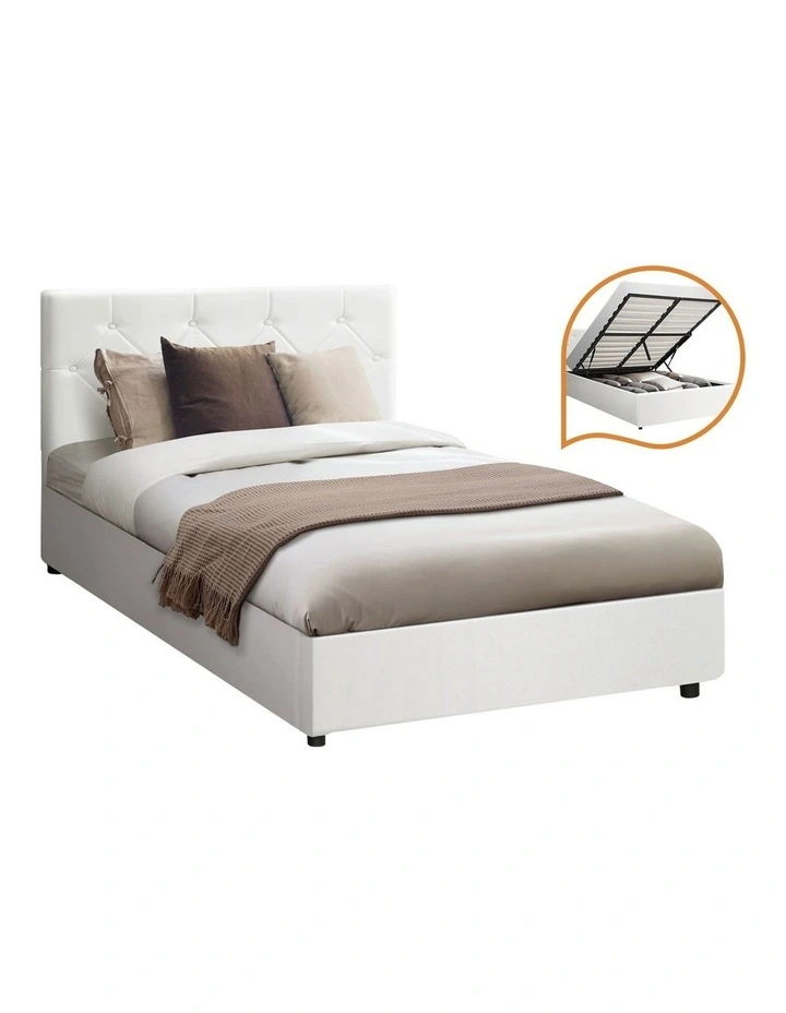 Oikiture Bed Frame King Single Gas Lift Storage Base White Leather COTI image 1