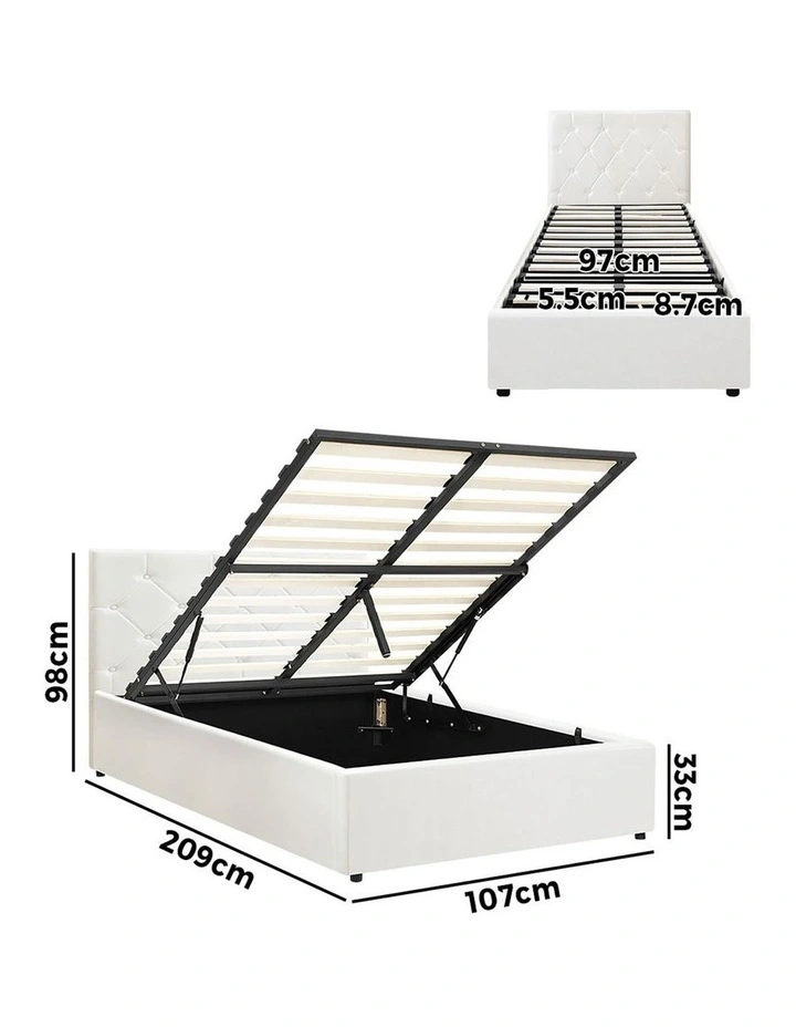 Oikiture Bed Frame King Single Gas Lift Storage Base White Leather COTI image 3
