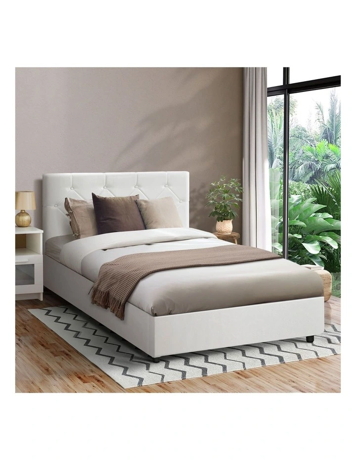 Oikiture Bed Frame King Single Gas Lift Storage Base White Leather COTI image 4