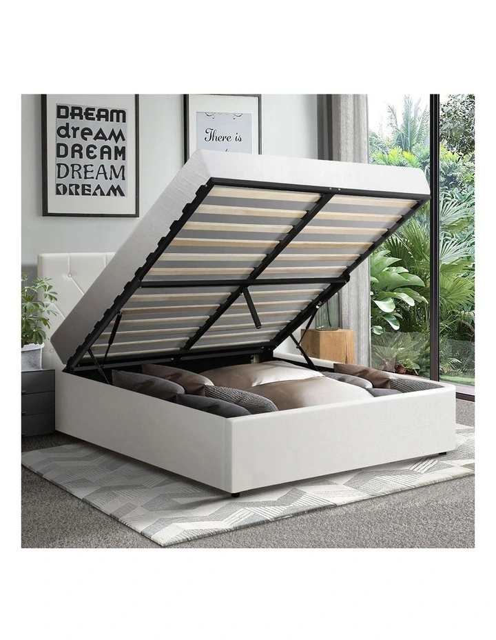 Oikiture Bed Frame King Single Gas Lift Storage Base White Leather COTI image 5
