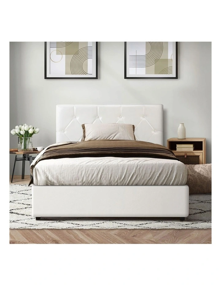 Oikiture Bed Frame King Single Gas Lift Storage Base White Leather COTI image 6