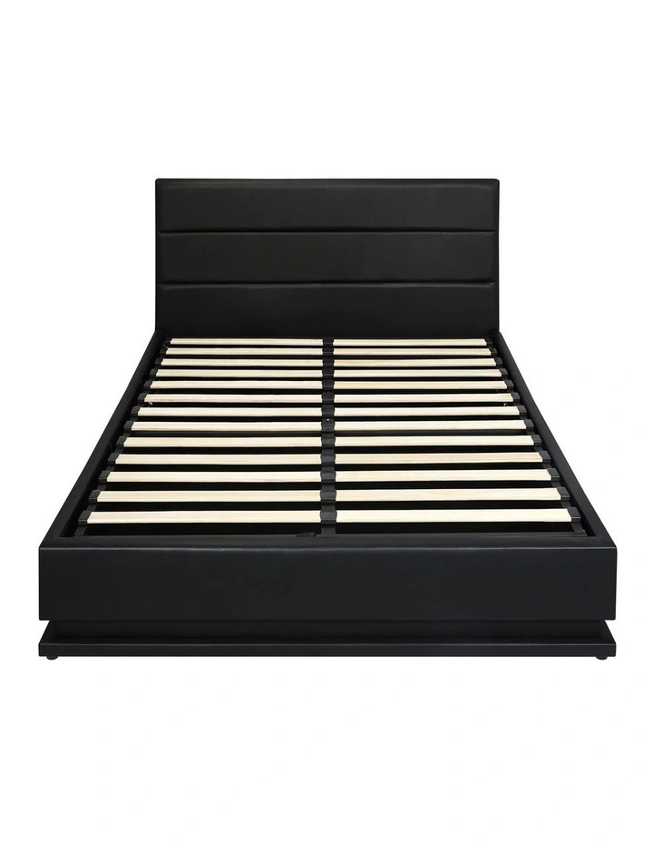 Oikiture RGB LED Bed Frame Queen Size Gas Lift Base With Storage Black Leather image 2