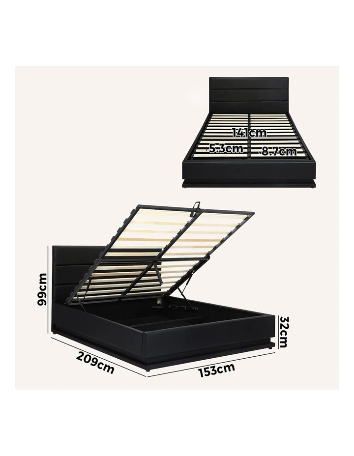 Oikiture RGB LED Bed Frame Queen Size Gas Lift Base With Storage Black Leather image 3