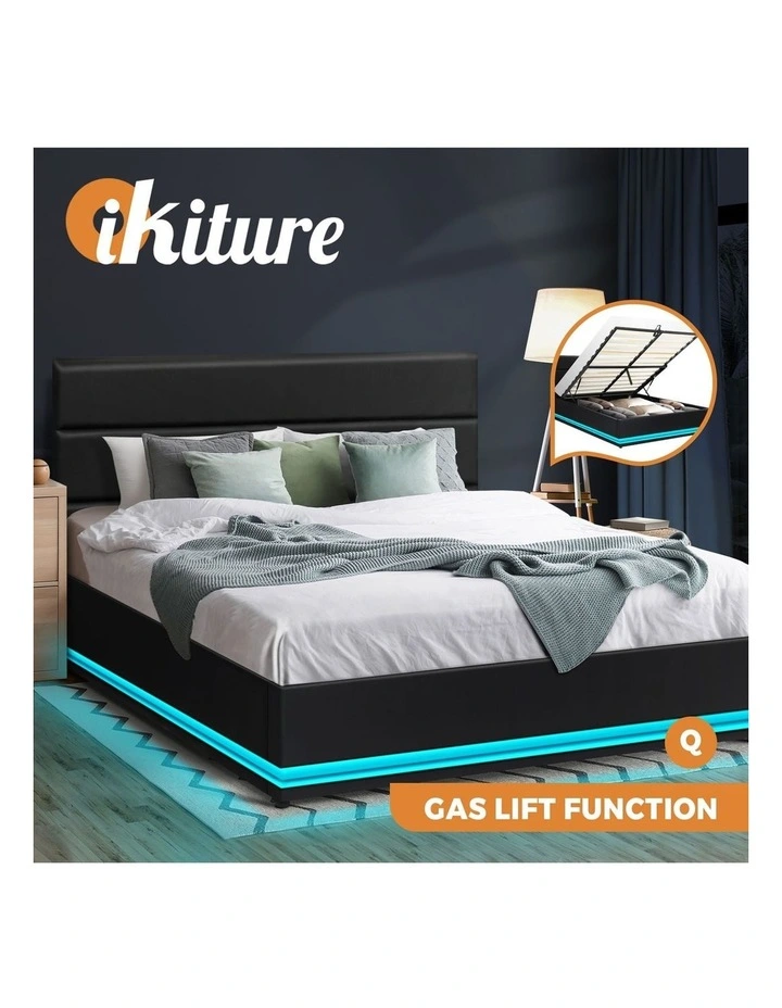 Oikiture RGB LED Bed Frame Queen Size Gas Lift Base With Storage Black Leather image 4