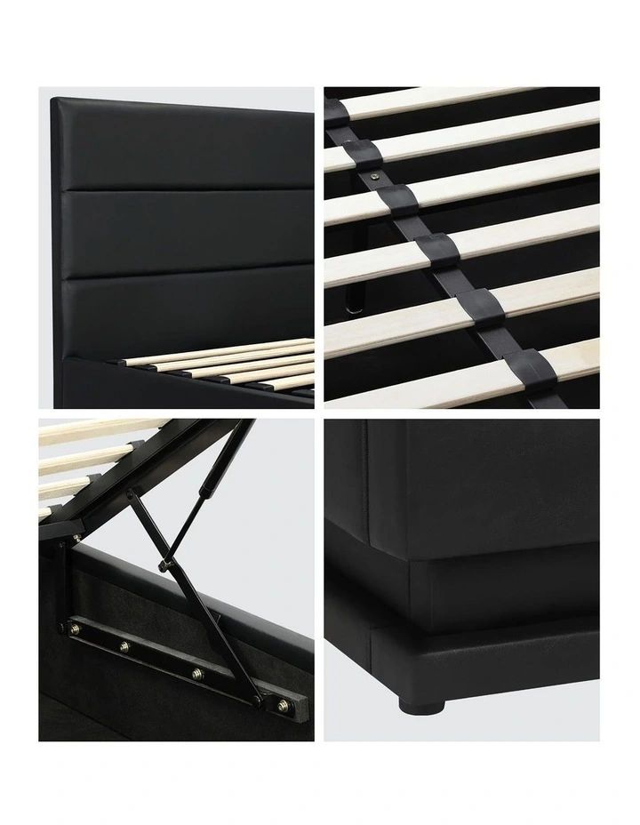 Oikiture RGB LED Bed Frame Queen Size Gas Lift Base With Storage Black Leather image 7