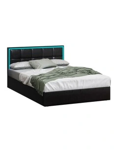 Oikiture Bed Frame Double Size RGB LED Gas Lift Storage Base Leather