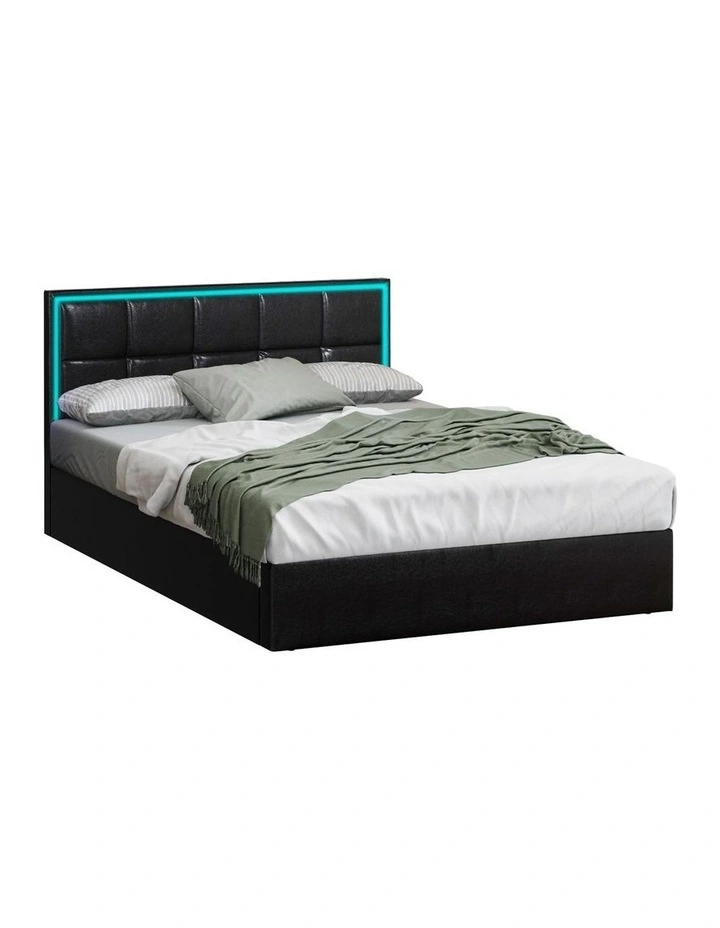 Oikiture Bed Frame Double Size RGB LED Gas Lift Storage Base Leather image 1