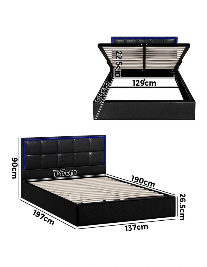 Oikiture Bed Frame Double Size RGB LED Gas Lift Storage Base Leather image 3