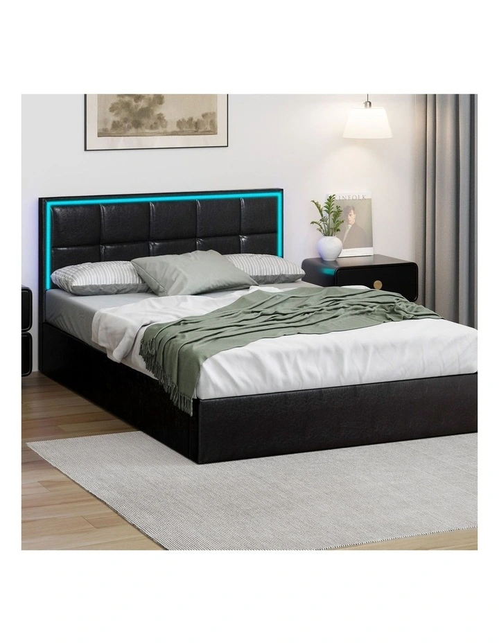 Oikiture Bed Frame Double Size RGB LED Gas Lift Storage Base Leather image 4