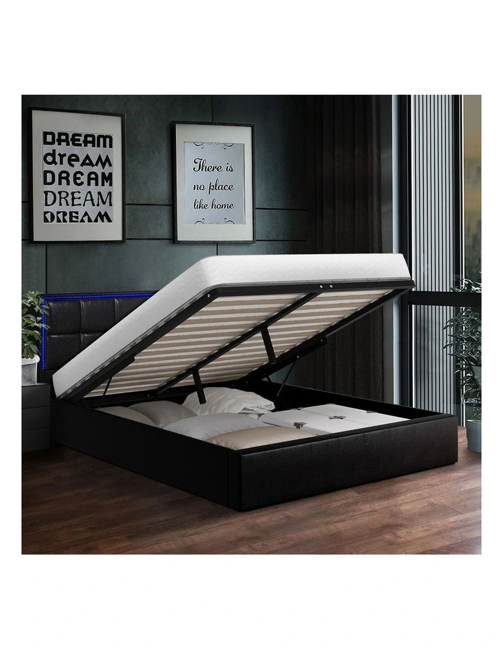 Oikiture Bed Frame Double Size RGB LED Gas Lift Storage Base Leather image 5