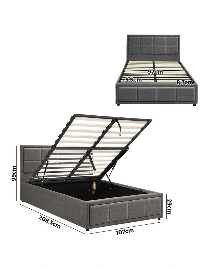 Oikiture Bed Frame King Single Gas Lift Storage Base Fabric Grey image 3