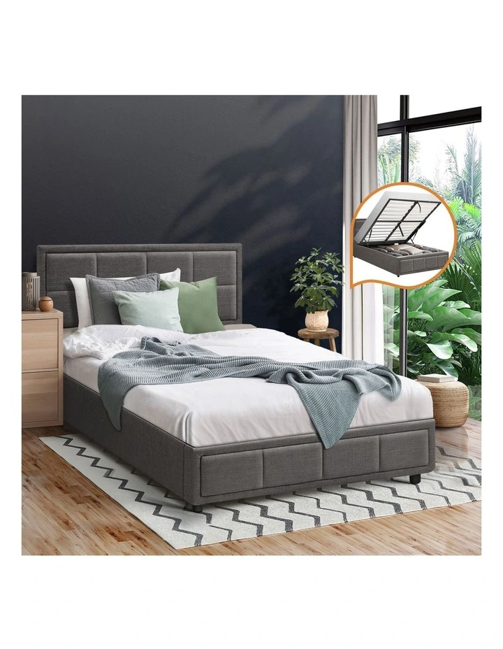 Oikiture Bed Frame King Single Gas Lift Storage Base Fabric Grey image 4