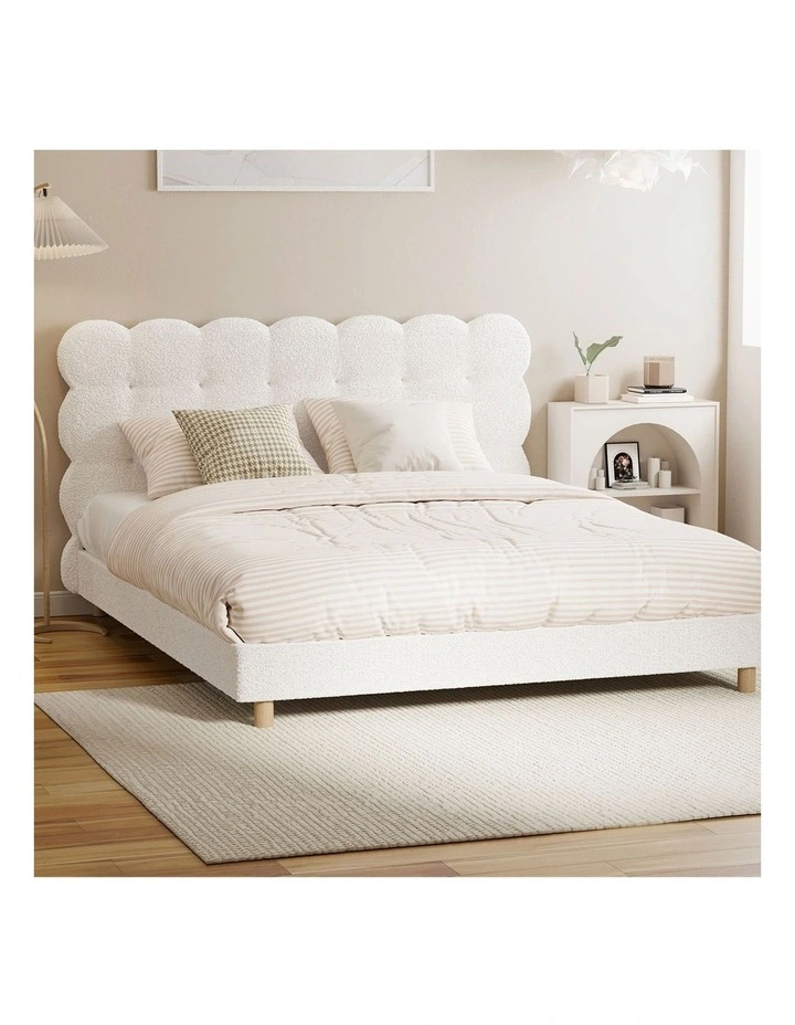Oikiture Bed Frame Queen Size Tufted Bedhead Boucle Fabric White image 4