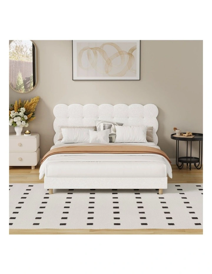 Oikiture Bed Frame Queen Size Tufted Bedhead Boucle Fabric White image 5