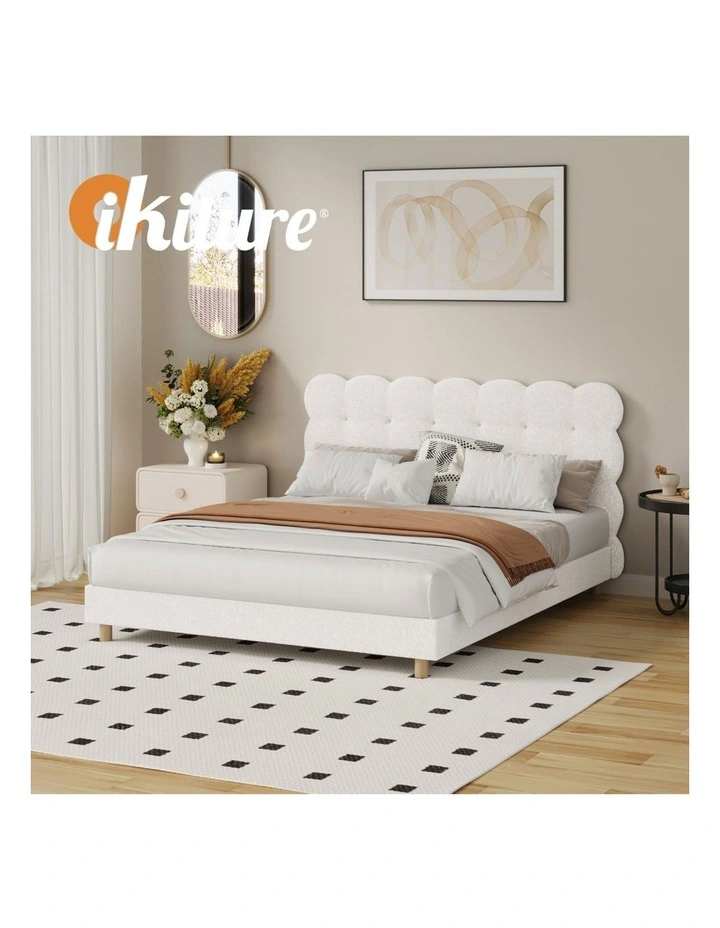 Oikiture Bed Frame Queen Size Tufted Bedhead Boucle Fabric White image 7