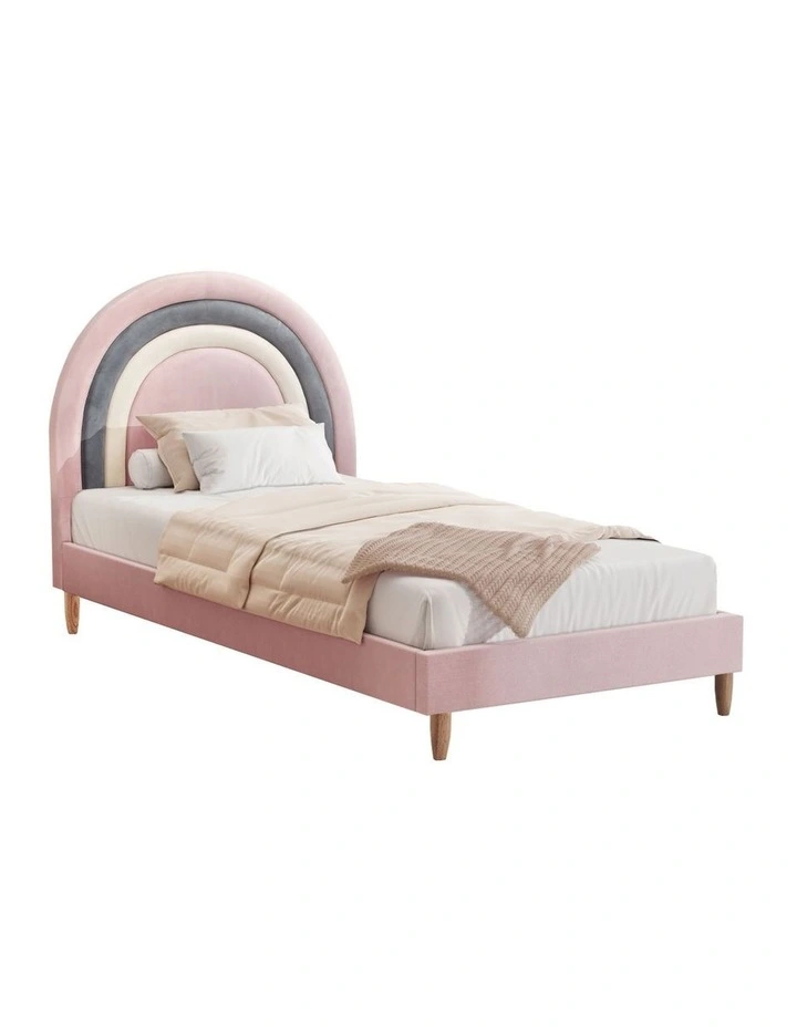 Oikiture Bed Frame Single Size Rainbow Kids Bed Frame Pink Velvet image 1