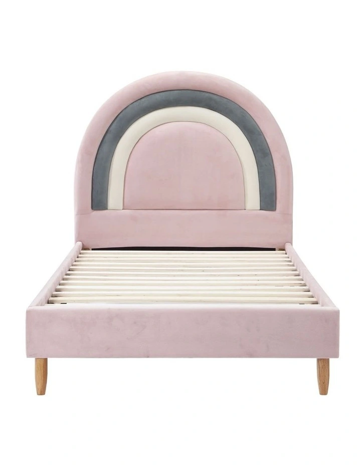 Oikiture Bed Frame Single Size Rainbow Kids Bed Frame Pink Velvet image 2