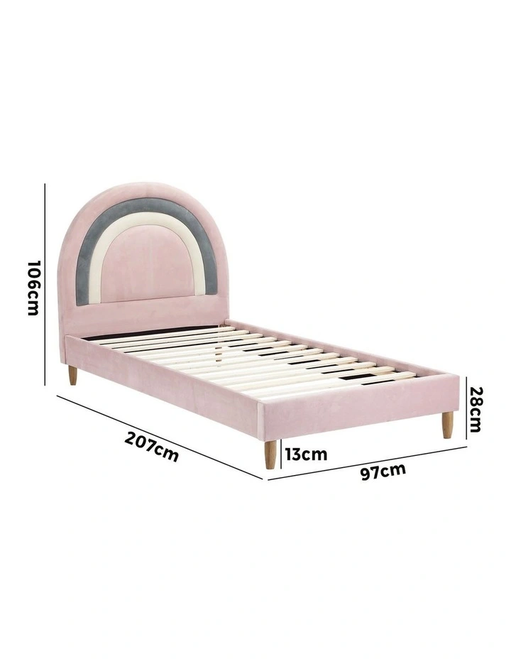 Oikiture Bed Frame Single Size Rainbow Kids Bed Frame Pink Velvet image 3