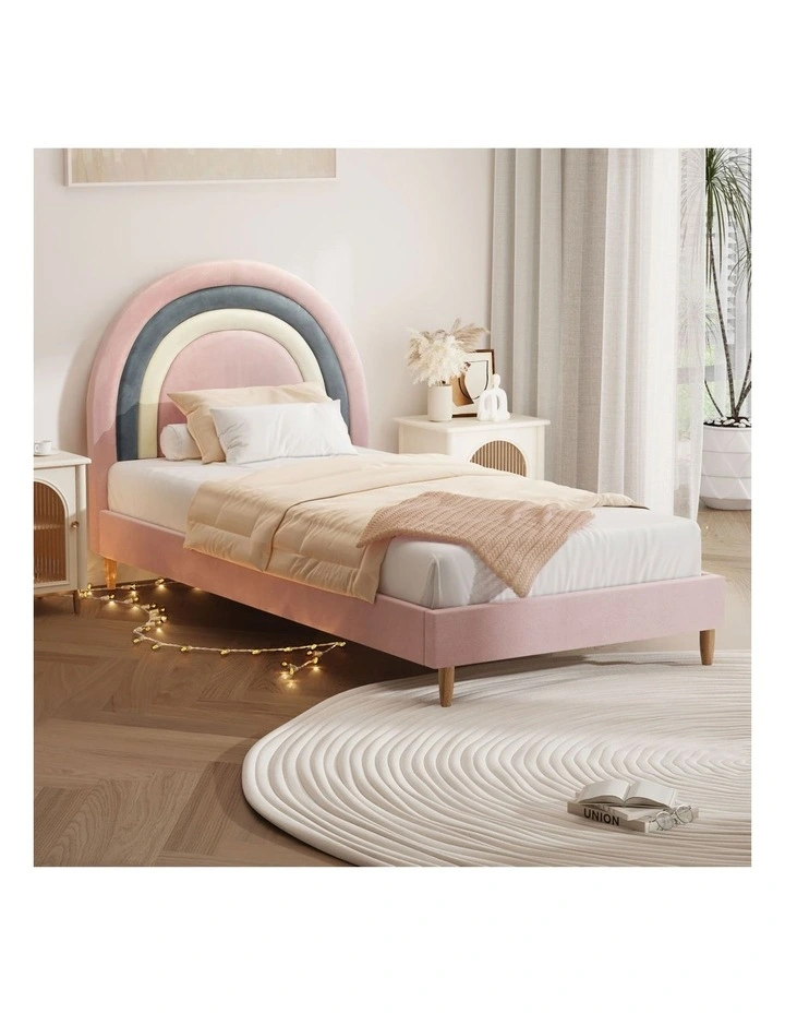 Oikiture Bed Frame Single Size Rainbow Kids Bed Frame Pink Velvet image 4