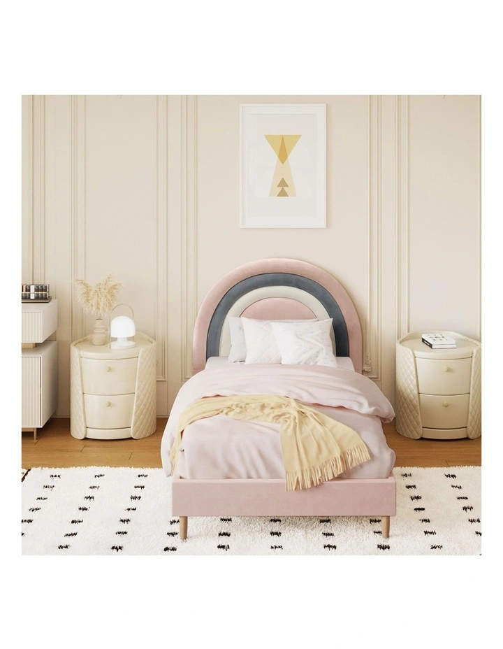 Oikiture Bed Frame Single Size Rainbow Kids Bed Frame Pink Velvet image 5