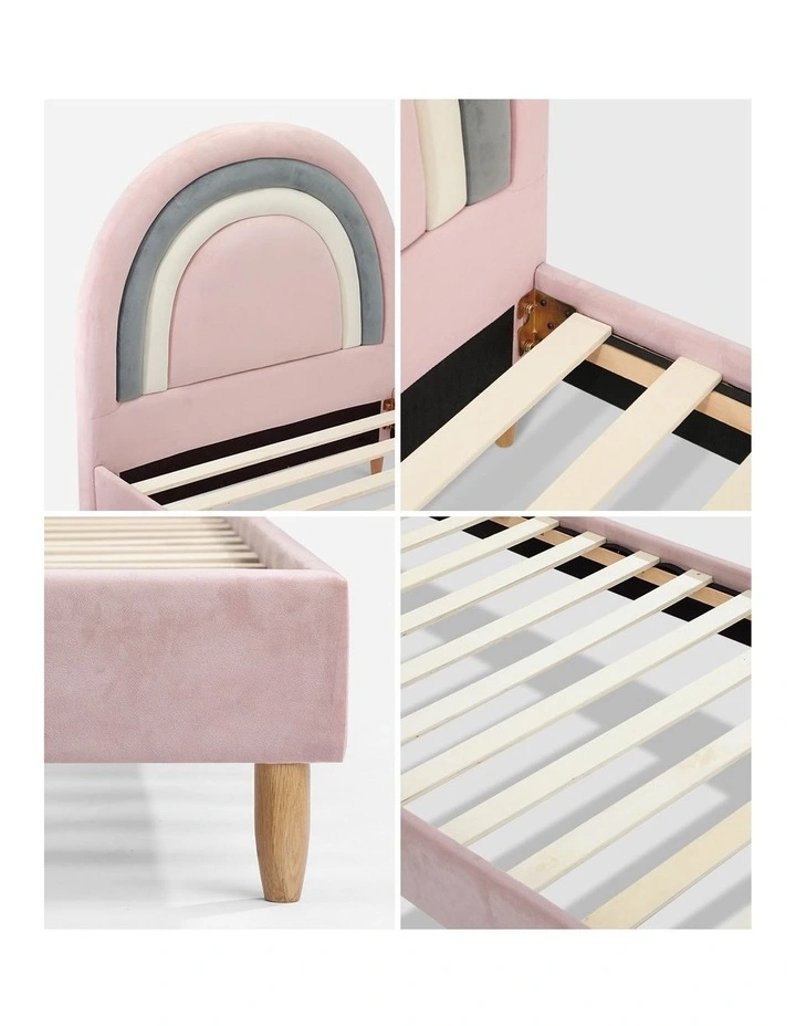 Oikiture Bed Frame Single Size Rainbow Kids Bed Frame Pink Velvet image 6