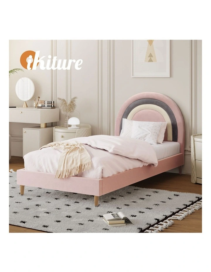 Oikiture Bed Frame Single Size Rainbow Kids Bed Frame Pink Velvet image 7