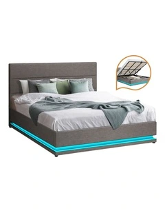 Oikiture Bed Frame King Size Bed Platform RGB LED Gas Lift Base Storage Grey
