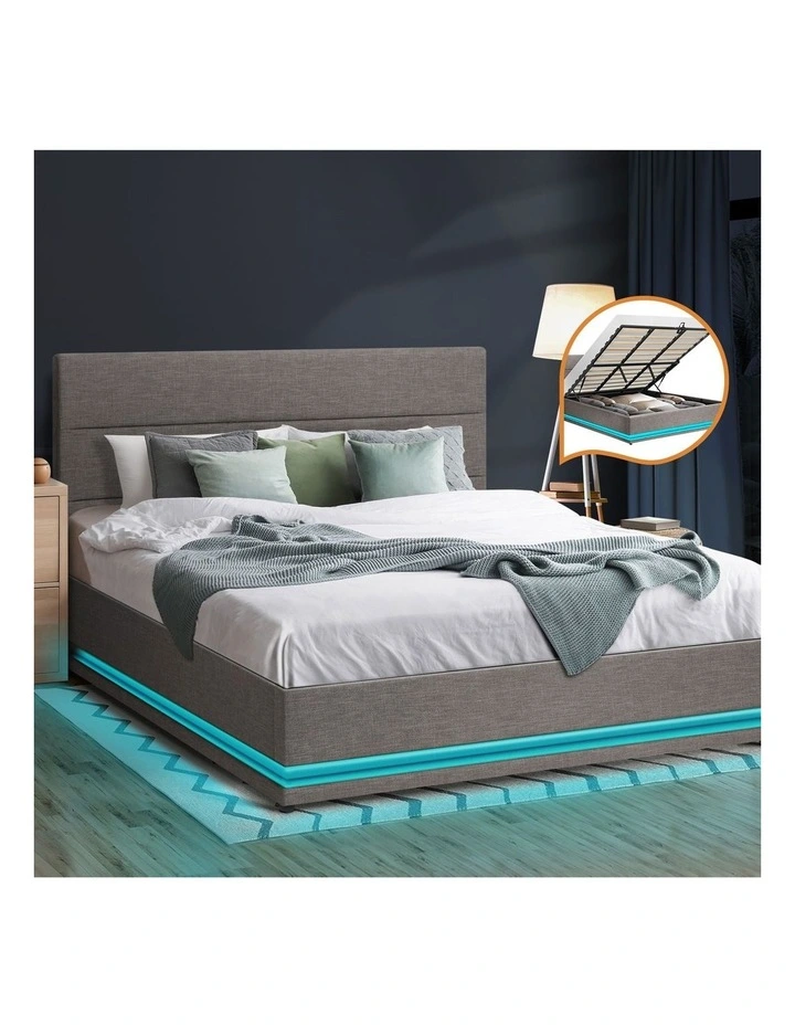 Oikiture Bed Frame King Size Bed Platform RGB LED Gas Lift Base Storage Grey image 4